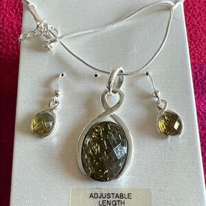 Silver and Green Amber Oval Pendant & Earrings Jewelry Set